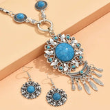 Bohemian Blossom Turquoise & Silver Statement Jewelry SetTurquoise Flower Pendant Silver Chain Necklace & Earrings Fashion Jewelry Set
