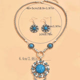 Bohemian Blossom Turquoise & Silver Statement Jewelry SetTurquoise Flower Pendant Silver Chain Necklace & Earrings Fashion Jewelry Set