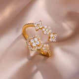 Dainty Gold Shiny CZ Crystal Flower Sleek Adjustable Finger Ring Women Fashion
