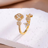 Dainty Gold Shiny CZ Crystal Flower Sleek Adjustable Finger Ring Women Fashion