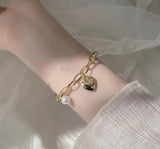 Elegant Gold Tone Paperclip Link Chain Pearl Heart Chunky Charm Fashion Bracelet
