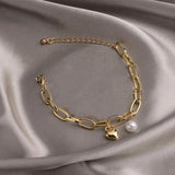 Elegant Gold Tone Paperclip Link Chain Pearl Heart Chunky Charm Fashion Bracelet
