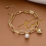 Elegant Gold Tone Paperclip Link Chain Pearl Heart Chunky Charm Fashion Bracelet