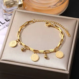 Stainless Steel Chunky Gold Tone Dainty Link Chain Bracelet with Coin Charms Women Fashion