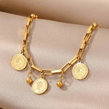 Stainless Steel Chunky Gold Tone Dainty Link Chain Bracelet with Coin Charms Women Fashion