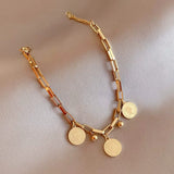 Stainless Steel Chunky Gold Tone Dainty Link Chain Bracelet with Coin Charms Women Fashion