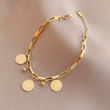 Stainless Steel Chunky Gold Tone Dainty Link Chain Bracelet with Coin Charms Women Fashion