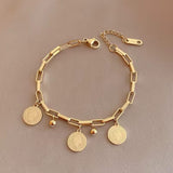 Stainless Steel Chunky Gold Tone Dainty Link Chain Bracelet with Coin Charms Women Fashion
