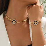 Chunky Black Enamel Lion Head Choker Necklace & Bracelet Link Chain Combo Set