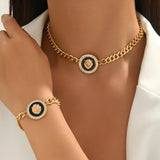 Chunky Black Enamel Lion Head Choker Necklace & Bracelet Link Chain Combo Set