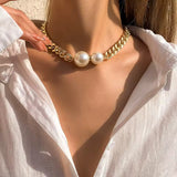 Chunky Gold Curb Chain Choker Necklace with Oversized Pearls Women Fashion Necklace