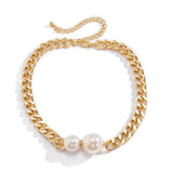 Chunky Gold Curb Chain Choker Necklace with Oversized Pearls Women Fashion Necklace