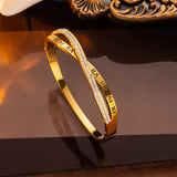 Sleek Gold Plated Roman Numeral Stylish Cuff Bangle Bracelet with Shiny Crystals