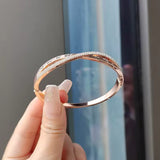 Sleek Gold Plated Roman Numeral Stylish Cuff Bangle Bracelet with Shiny Crystals