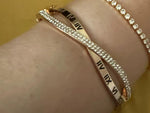 Sleek Gold Plated Roman Numeral Stylish Cuff Bangle Bracelet with Shiny Crystals