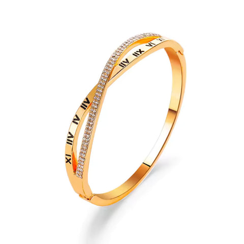 Sleek Gold Plated Roman Numeral Stylish Cuff Bangle Bracelet with Shiny Crystals