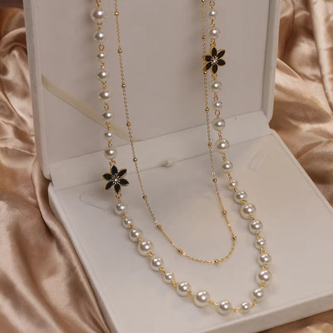 Layered Simulated Pearl Long Sweater Chain Necklace Elegant Women Fashion Jewelry Accessory