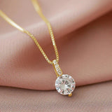 18K Gold Plated Sparkling Round CZ Solitaire Crystal Pendant Box Chain Necklace