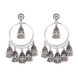 Ethnic Silver Oxidized Indian Traditional Hoop Bell Tassel Big Jhumka Earrings