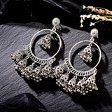 Ethnic Silver Oxidized Indian Traditional Hoop Bell Tassel Big Jhumka Earrings