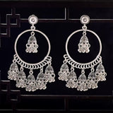 Ethnic Silver Oxidized Indian Traditional Hoop Bell Tassel Big Jhumka Earrings