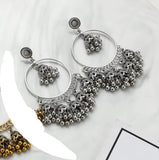 Ethnic Silver Oxidized Indian Traditional Hoop Bell Tassel Big Jhumka Earrings