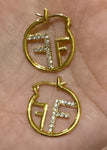 Stunning Letter F Initial Inspired Chic Gold Color Monogram Crystal Fashion Hoop Earrings
