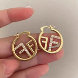 Stunning Letter F Initial Inspired Chic Gold Color Monogram Crystal Fashion Hoop Earrings