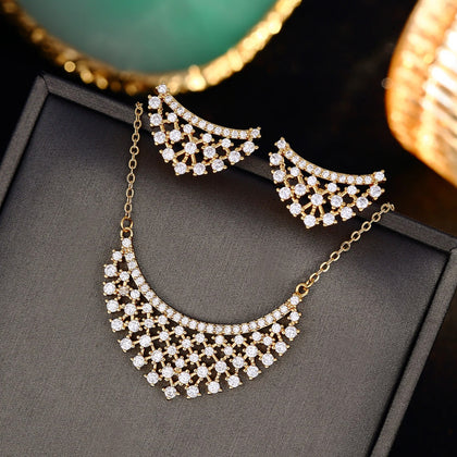 Sparkling Gold-Tone Cubic Zirconia Lattice Necklace & Earrings Pendant Jewelry Set for Women