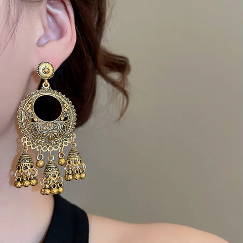 Antique Gold Ethnic Style Long Hollow Bell Tassel Traditional Jhumka Earrings