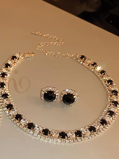 Dainty Golden Black Crystal Choker Necklace & Stud Earrings Fashion Jewelry Set