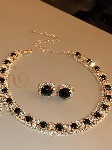 Dainty Golden Black Crystal Choker Necklace & Stud Earrings Fashion Jewelry Set