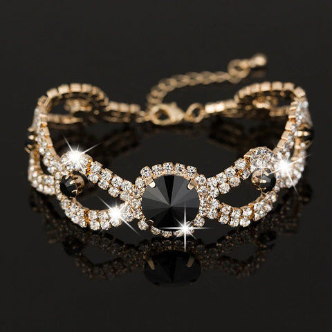 Glamorous Black Crystal Link Chain Charm Bridal Fashion Jewelry Bracelet For Women