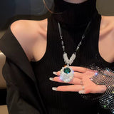 Glamorous Long Emerald Green Crystal Pendant Beaded Long chain Sweater Necklace