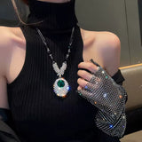 Glamorous Long Emerald Green Crystal Pendant Beaded Long chain Sweater Necklace