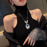 Glamorous Long Emerald Green Crystal Pendant Beaded Long chain Sweater Necklace