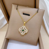 Green Crystal Lucky Four-Leaf Flower Chain Pendant Necklace Women Fashion