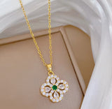 Green Crystal Lucky Four-Leaf Flower Chain Pendant Necklace Women Fashion