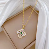 Green Crystal Lucky Four-Leaf Flower Chain Pendant Necklace Women Fashion