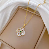 Green Crystal Lucky Four-Leaf Flower Chain Pendant Necklace Women Fashion