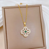 Green Crystal Lucky Four-Leaf Flower Chain Pendant Necklace Women Fashion