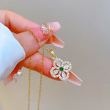 Green Crystal Lucky Four-Leaf Flower Chain Pendant Necklace Women Fashion