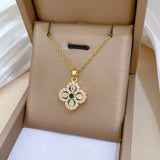 Green Crystal Lucky Four-Leaf Flower Chain Pendant Necklace Women Fashion