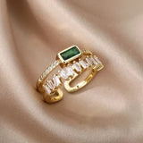 Dainty Golden Double Layer Green Stone Zircon Adjustable Finger Ring for Women