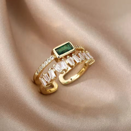 Dainty Golden Double Layer Green Stone Zircon Adjustable Finger Ring for Women