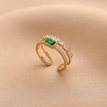 Dainty Golden Double Layer Green Stone Zircon Adjustable Finger Ring for Women