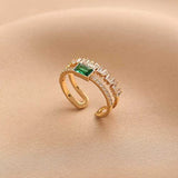 Dainty Golden Double Layer Green Stone Zircon Adjustable Finger Ring for Women