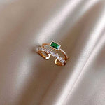 Dainty Golden Double Layer Green Stone Zircon Adjustable Finger Ring for Women