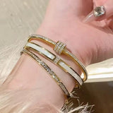Women Layering Fashion Inlaid Zircon White Enamel Chic Gold Cuff Bracelet Bangle