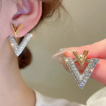 Dazzling Double V Letter Gold Silver Two Tone Bling Luxury Designer Crystal Stud Earrings